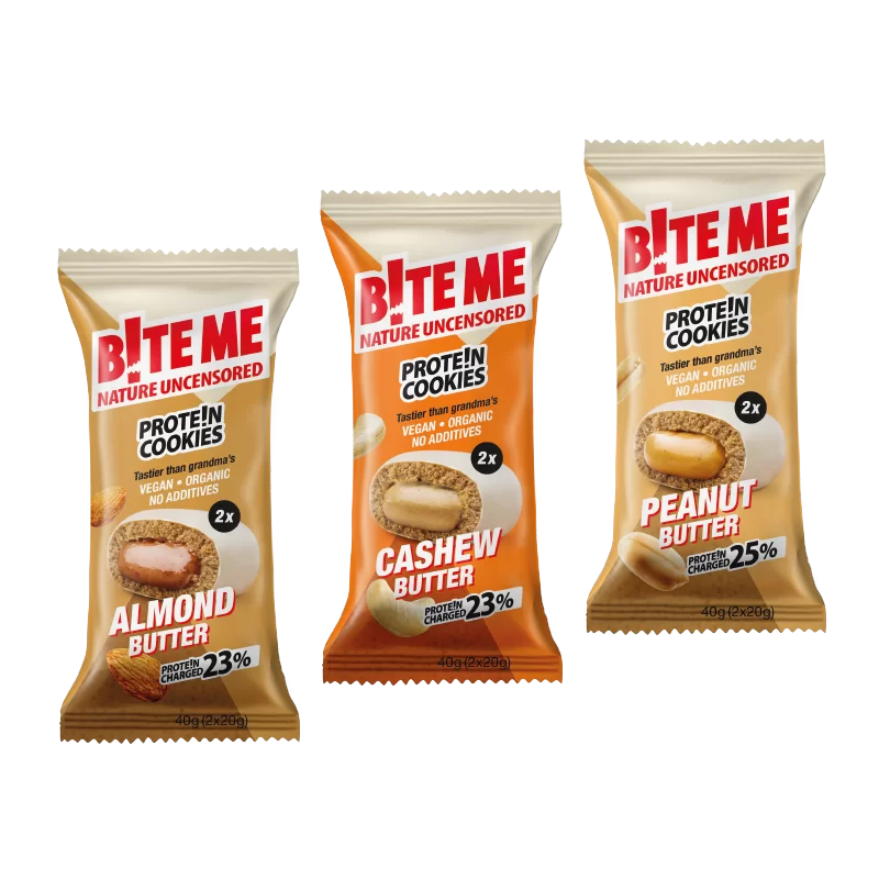 BITE ME Protein Cookie - Organic vegan protein cookies with nut butter filling and pea protein.